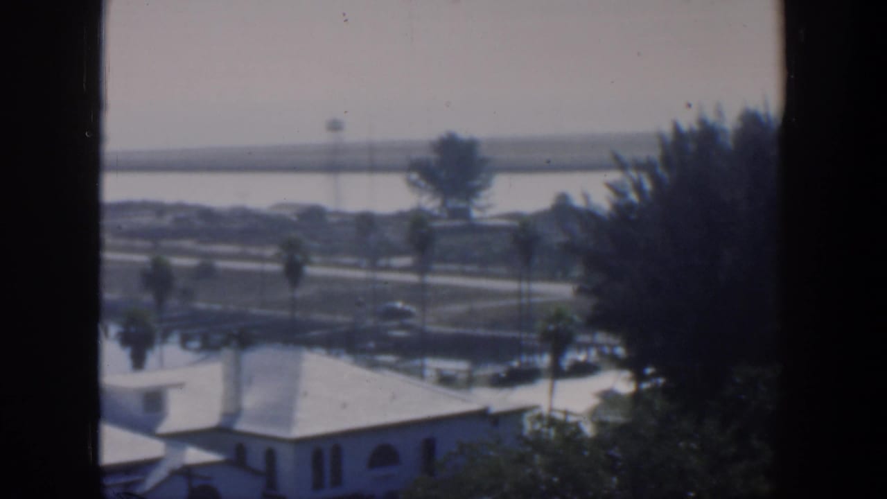 Elevated view past dark window edges toward white buildings, palms, road, water, and distant shoreline.