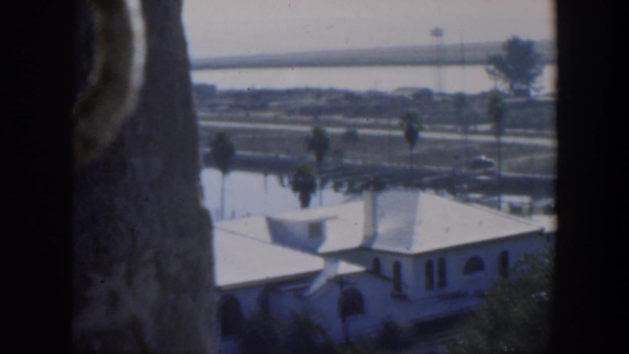 White house roof and arched facade below a waterfront road, palms, water and a distant bridge.