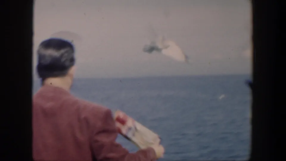 1951 Cuba coastal home-movie frame showing a man from behind at the water, with gulls flying over the sea.