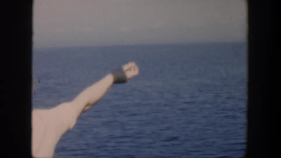1951 Cuba 8mm frame showing an outstretched arm toward the sea as a small bird appears near the hand.