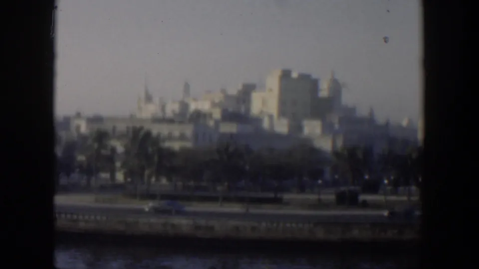 1951 Cuba waterfront view with palm trees, a road with small cars, water in front, and distant colonial-style buildings.