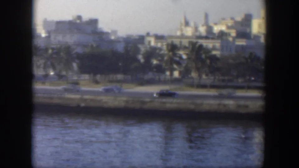 1951 Cuba 8mm view across water toward a palm-lined coastal road with cars and distant urban buildings.