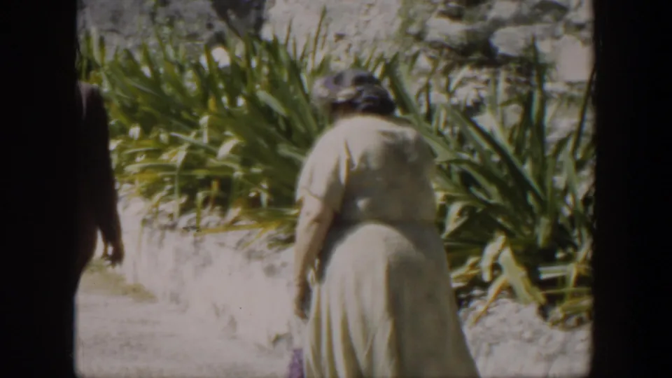 A woman in a light dress and hat walks away in a sunlit Cuban courtyard, with dense green plants beside her.