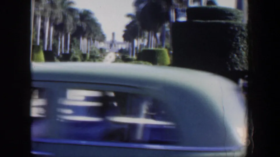 1951 Cuba 8mm frame showing a sunny palm-lined walkway with manicured hedges and a blurred car passing across the foreground.