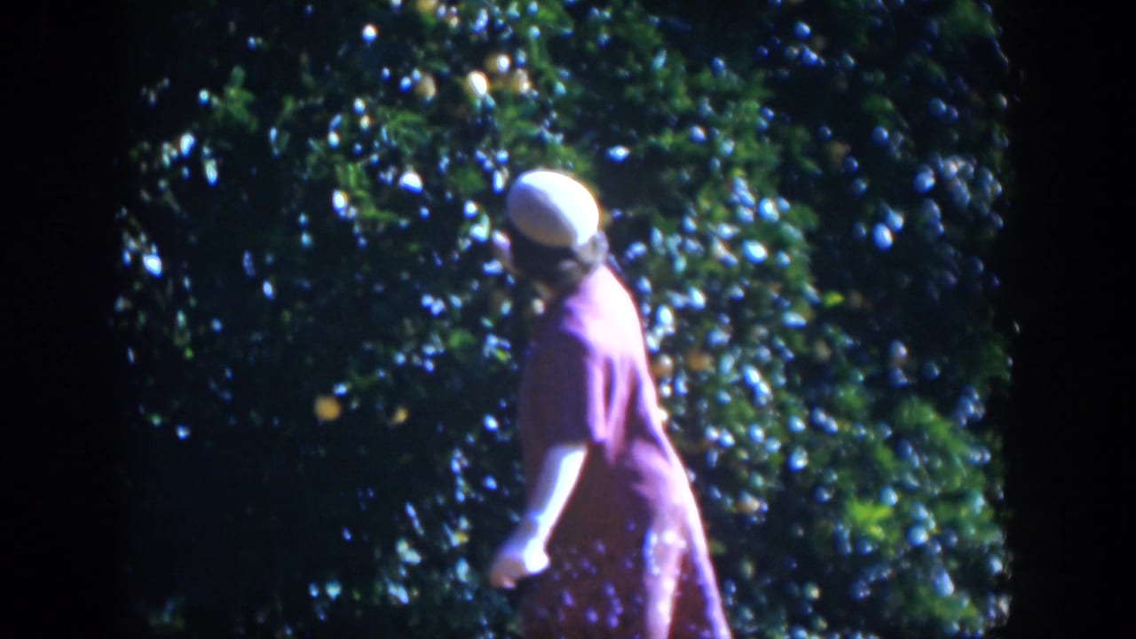 Woman in a red dress and white hat beside a fruiting orange tree.