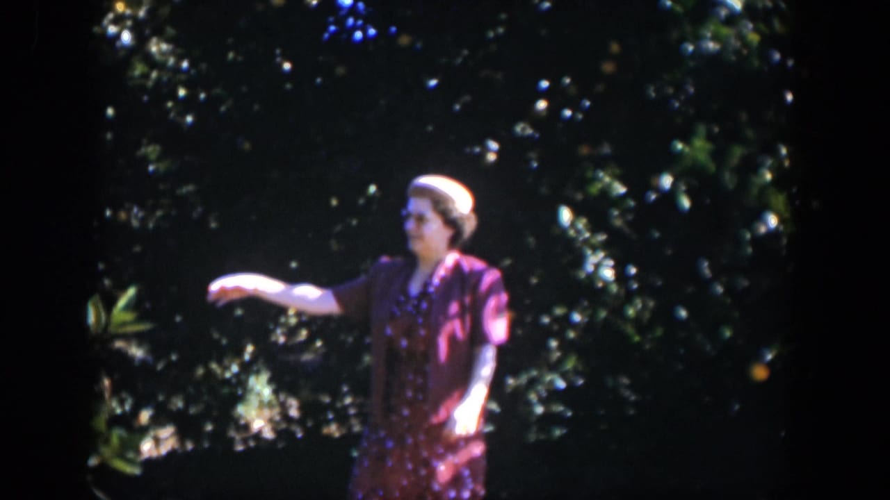 Woman in a hat reaches one arm outward in front of dark citrus foliage.