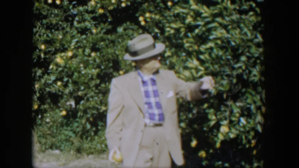 The man turns beside the citrus trees, gesturing with one hand while holding a picked orange in the other.