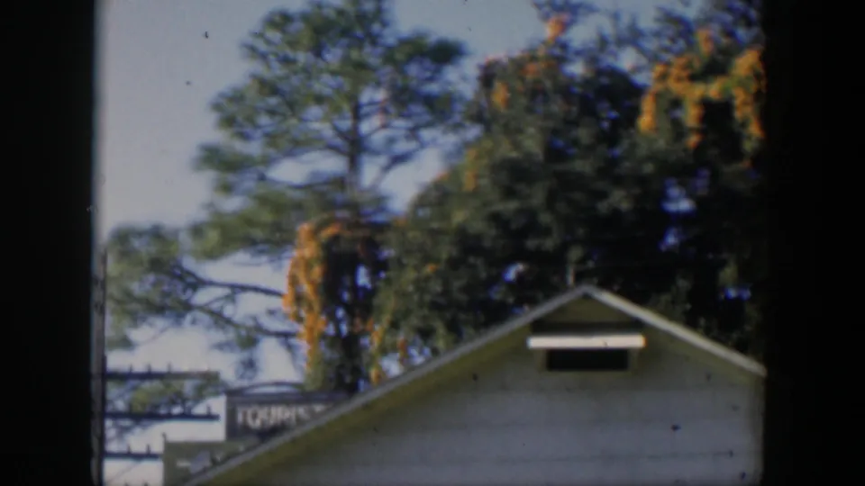 1951 Cuba home-movie frame showing the roof, trees, overhead wires, and a partial sign reading TOURIST.