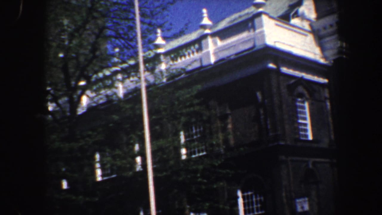 Brick building corner with white trim, flagpole, windows, trees, and sky.