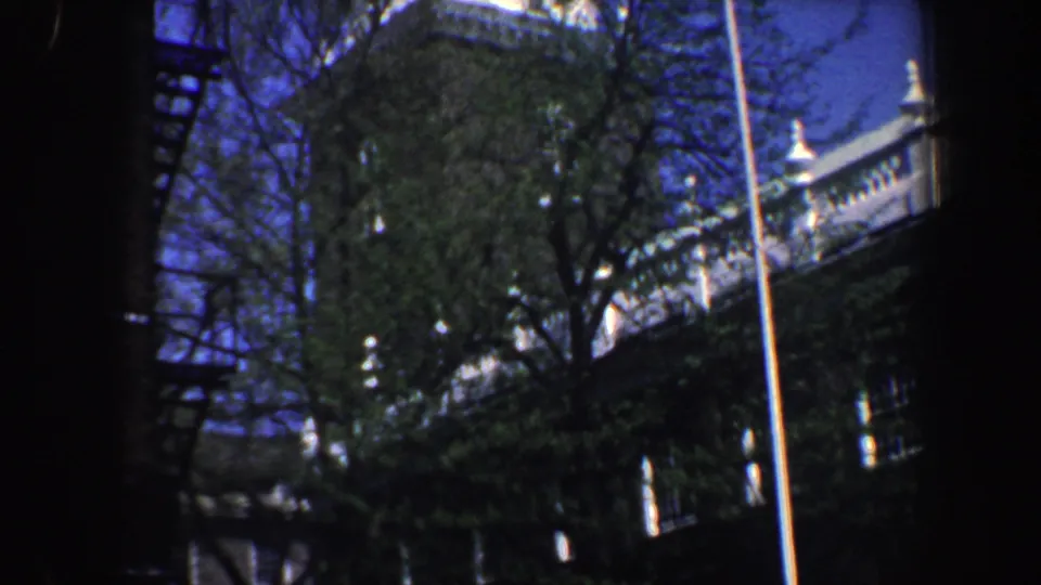 1962 Philadelphia low-angle frame with a historic brick building roofline, white trim, bare and leafy branches, flagpole, and blue sky.