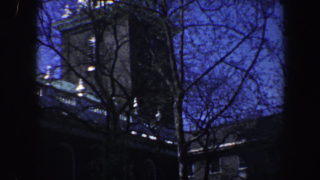 Bare tree branches in front of a dark building facade and tower under blue sky.