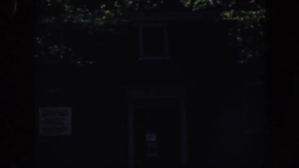 Dark exterior view in Philadelphia, 1962, with windows and an entry area partly hidden by leaves.