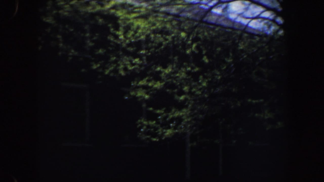 Dark building exterior with trees and faint windows.