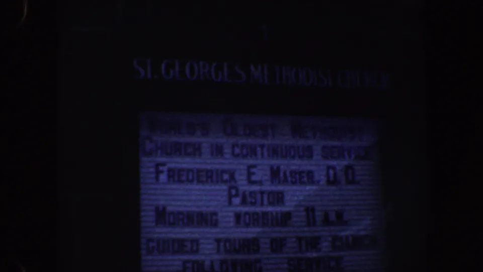 Church sign for St. George's Methodist Church in Philadelphia, listing Pastor Frederick E. Maser, D.D.