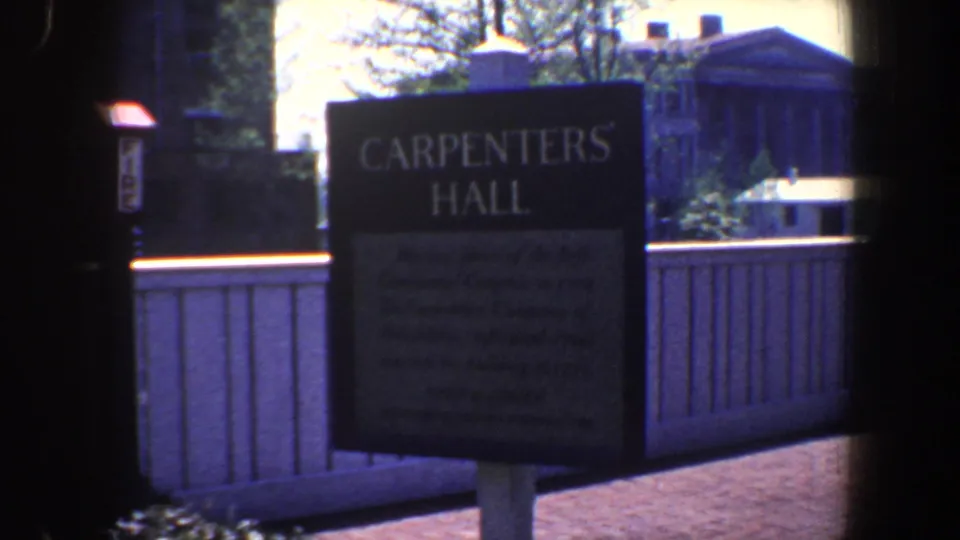 Carpenters' Hall sign in Philadelphia, filmed from a handheld 8mm visitor perspective in 1962.