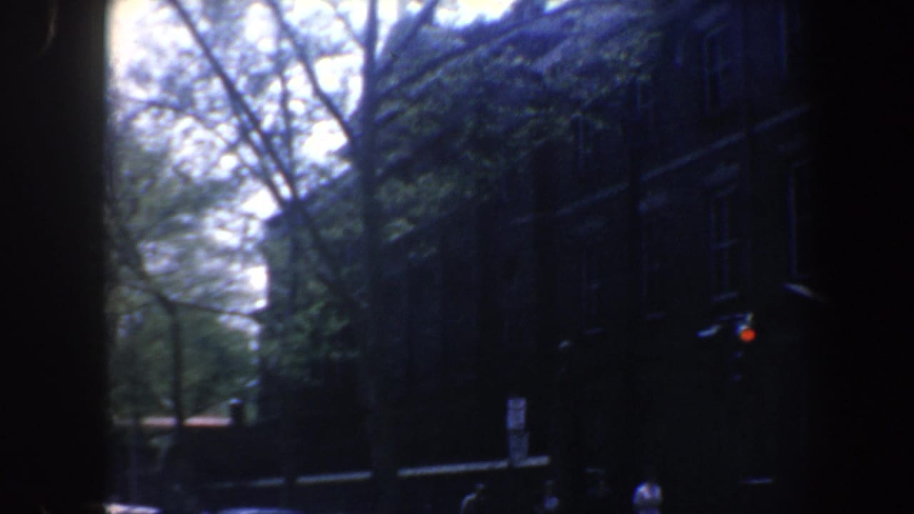 Dark brick building seen through trees with a red traffic light and pedestrians near the sidewalk.