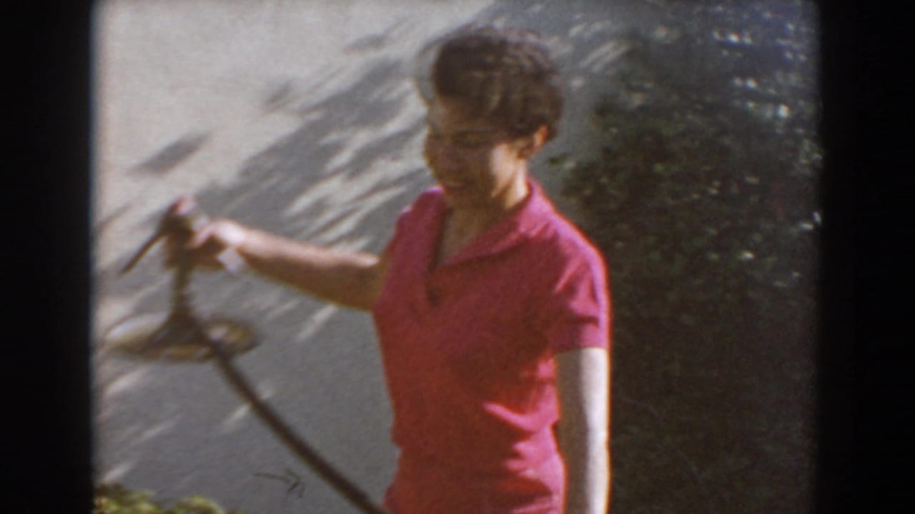 Adult woman in a pink polo holds a garden hose near shrubs in 1962 North Hollywood home-movie footage.