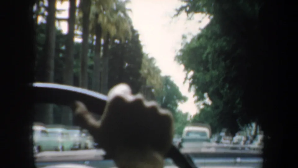 1957 San Francisco street-driving frame with the steering wheel and driver's hand foregrounded, traffic ahead, parked cars, palms, and dense roadside trees.