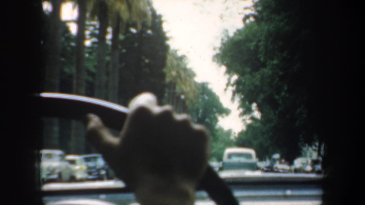 1957 San Francisco driving view from inside a car, with a hand on the wheel, parked cars, and tall trees ahead.
