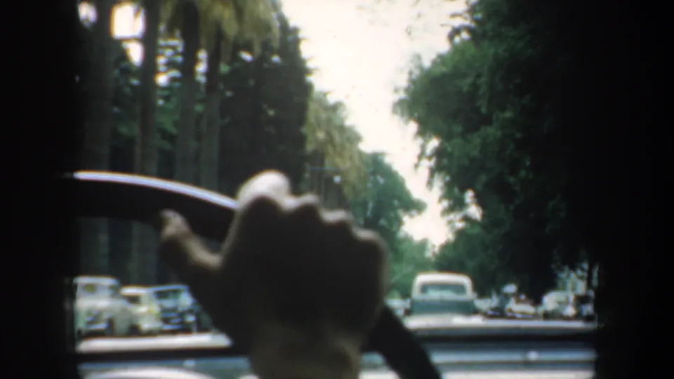 1957 San Francisco driving view from inside a car, with a hand on the wheel, parked cars, and tall trees ahead.