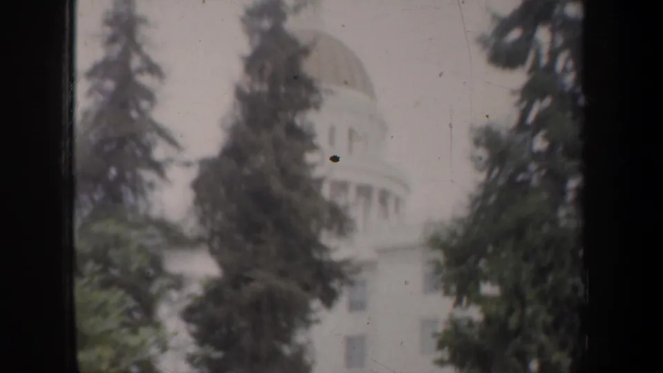 Soft 1957 California travel-film frame of a domed civic building and white facade viewed through tall trees.
