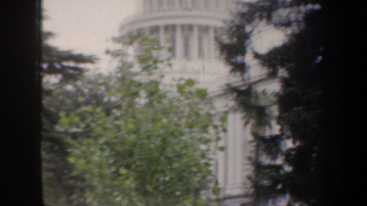 1957 8mm view of the California State Capitol dome and columns partially obscured by foliage.