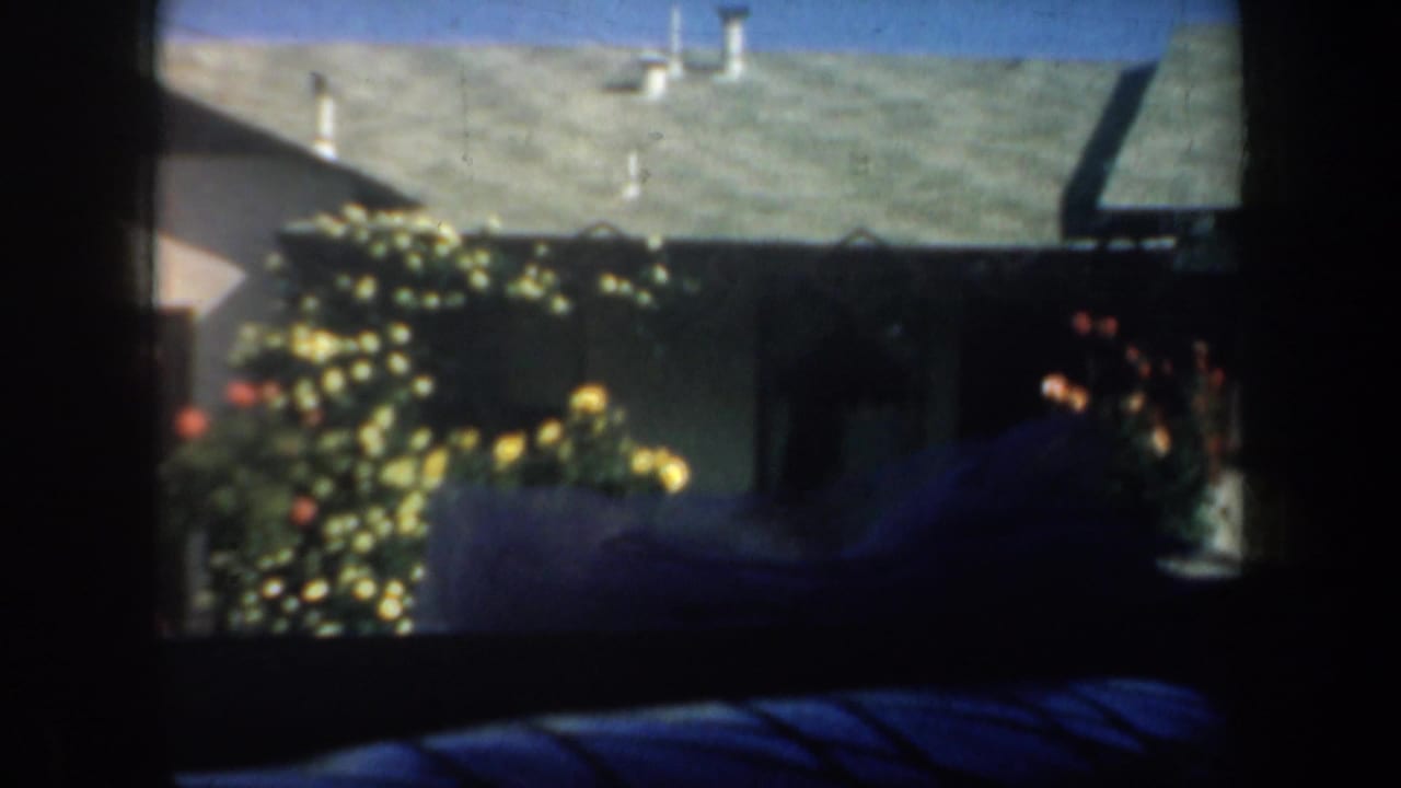 1957 San Francisco home-movie frame showing a modest house, chimneys, and yellow flowers seen through a dark vehicle window.