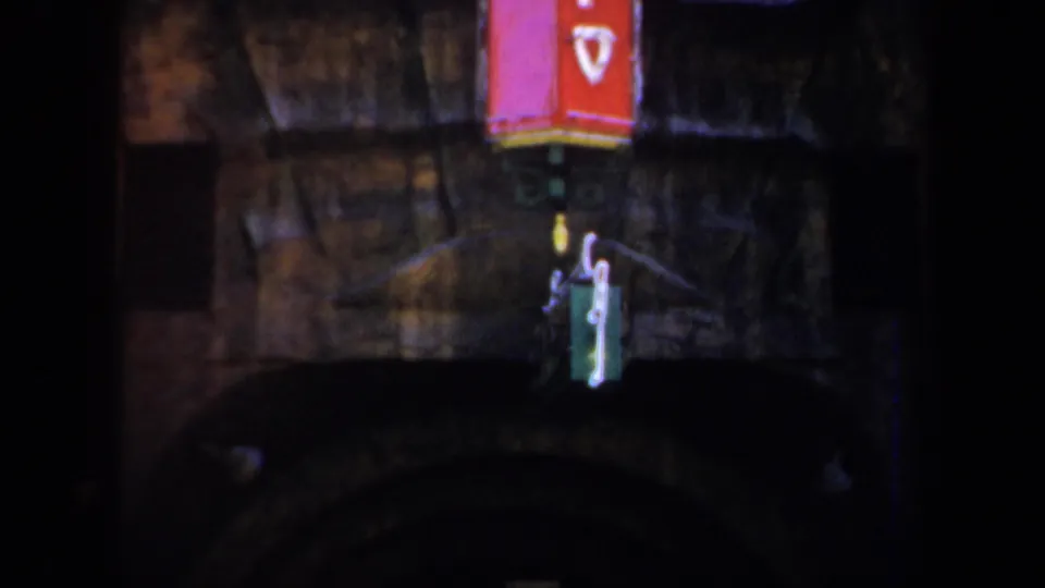 A dark 1957 San Francisco street view frames a red hanging sign over a shadowed arched entrance.