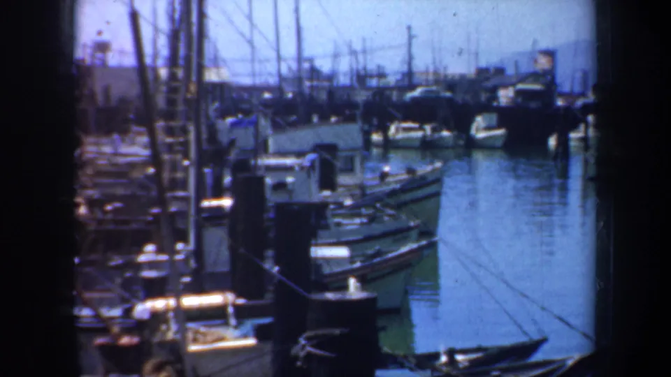 A San Francisco marina channel with small moored boats, dark pilings, dock structures and distant waterfront forms in soft 8mm focus.