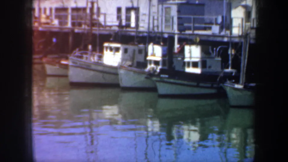 San Francisco harbor view of several moored boats beneath dock structures, with bright reflections across the water.