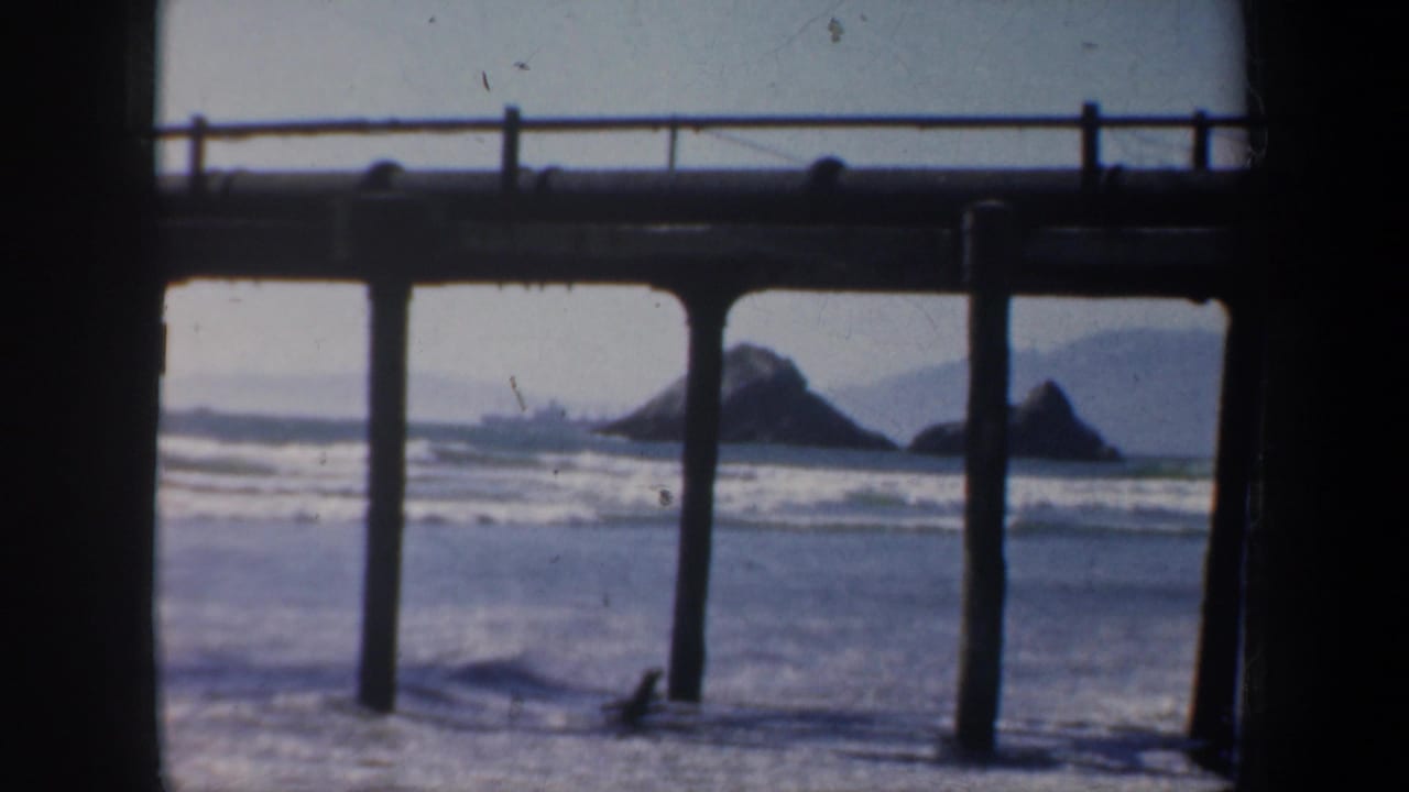 Ocean surf seen through dark wooden pier pilings with distant rocky outcrops.