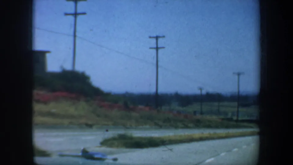 Soft 8mm frame of a San Francisco-area roadside slope with utility poles and low vegetation.