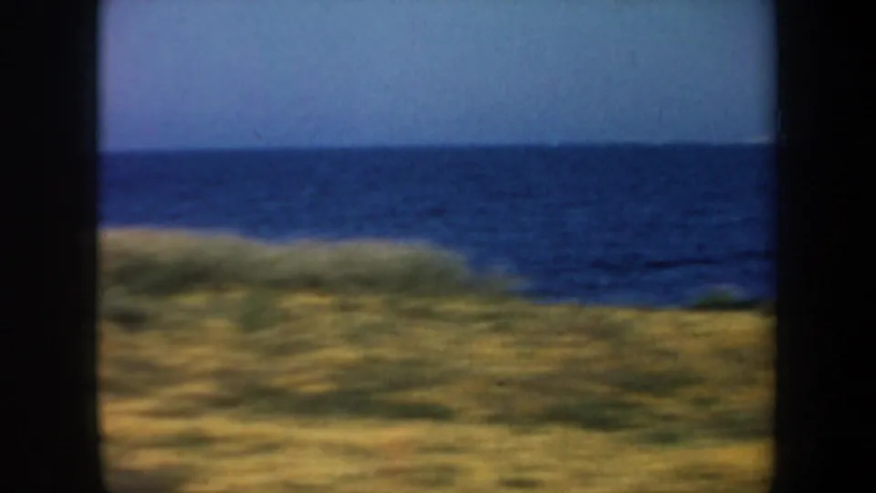 Soft 8mm coastal frame showing sunlit grass in the foreground, a blue ocean horizon, and clear sky during a moving shoreline drive.