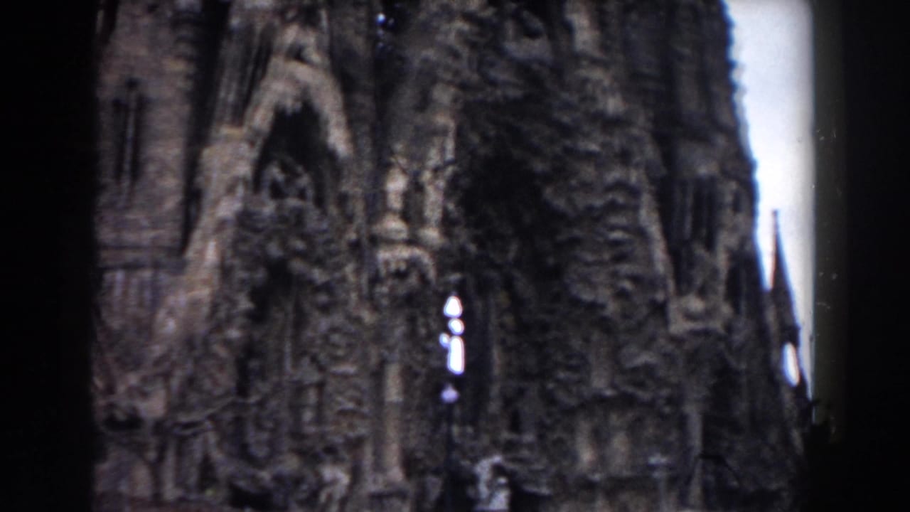 Close panning view of dark Sagrada Familia facade stonework and pointed architectural openings.