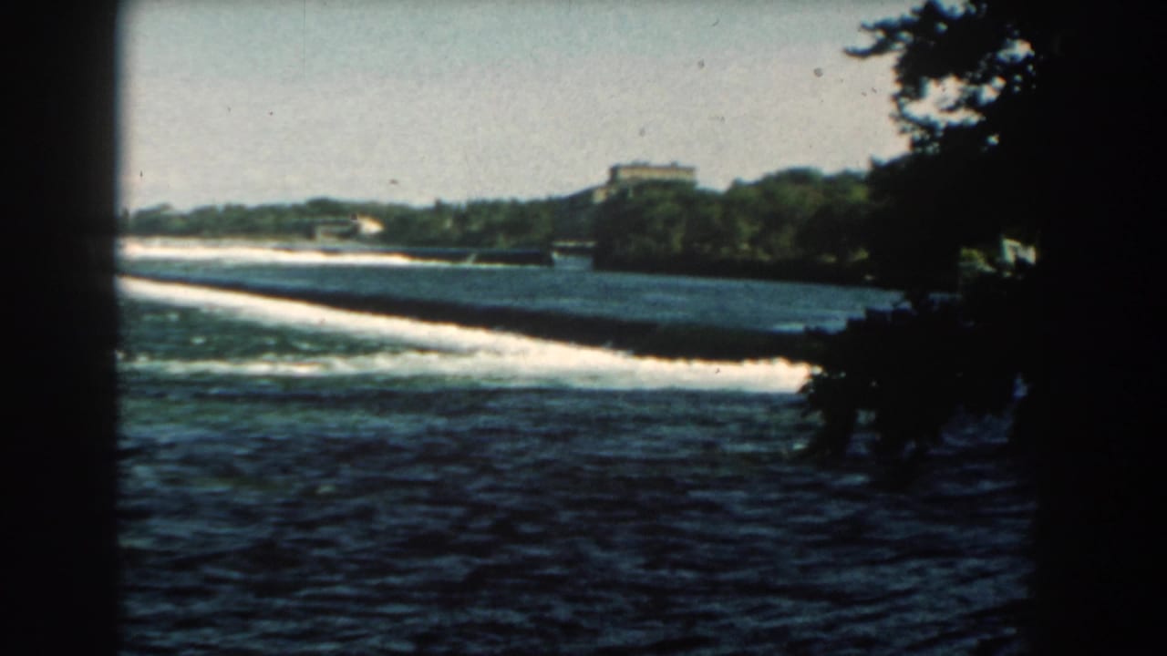 Low dam across a river with foaming water and trees in the background.