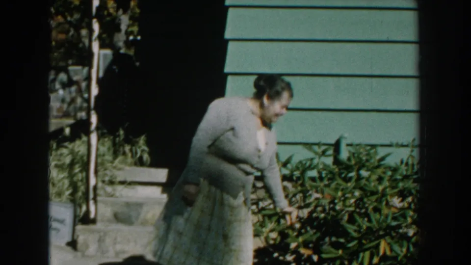 A woman in a cardigan and plaid skirt bends toward garden shrubs outside a green-sided Michigan house in 1959 footage.