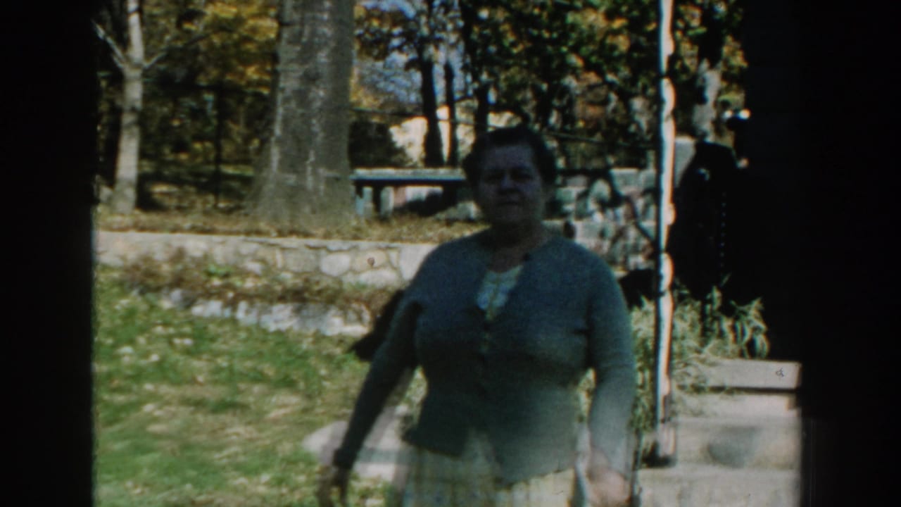 Woman walks across a lawn in front of a house with trees and a stone wall behind her.