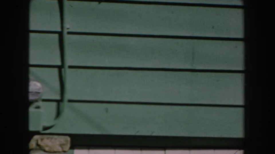 1959 Michigan home-movie frame with green siding, white window trim, and a dark vertical foreground shape crossing the facade.
