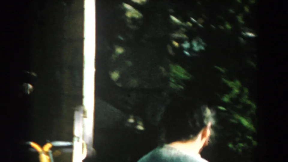 1959 Michigan home-movie frame showing a shaded doorway area, nearby shrubs, and green siding with strong contrast.