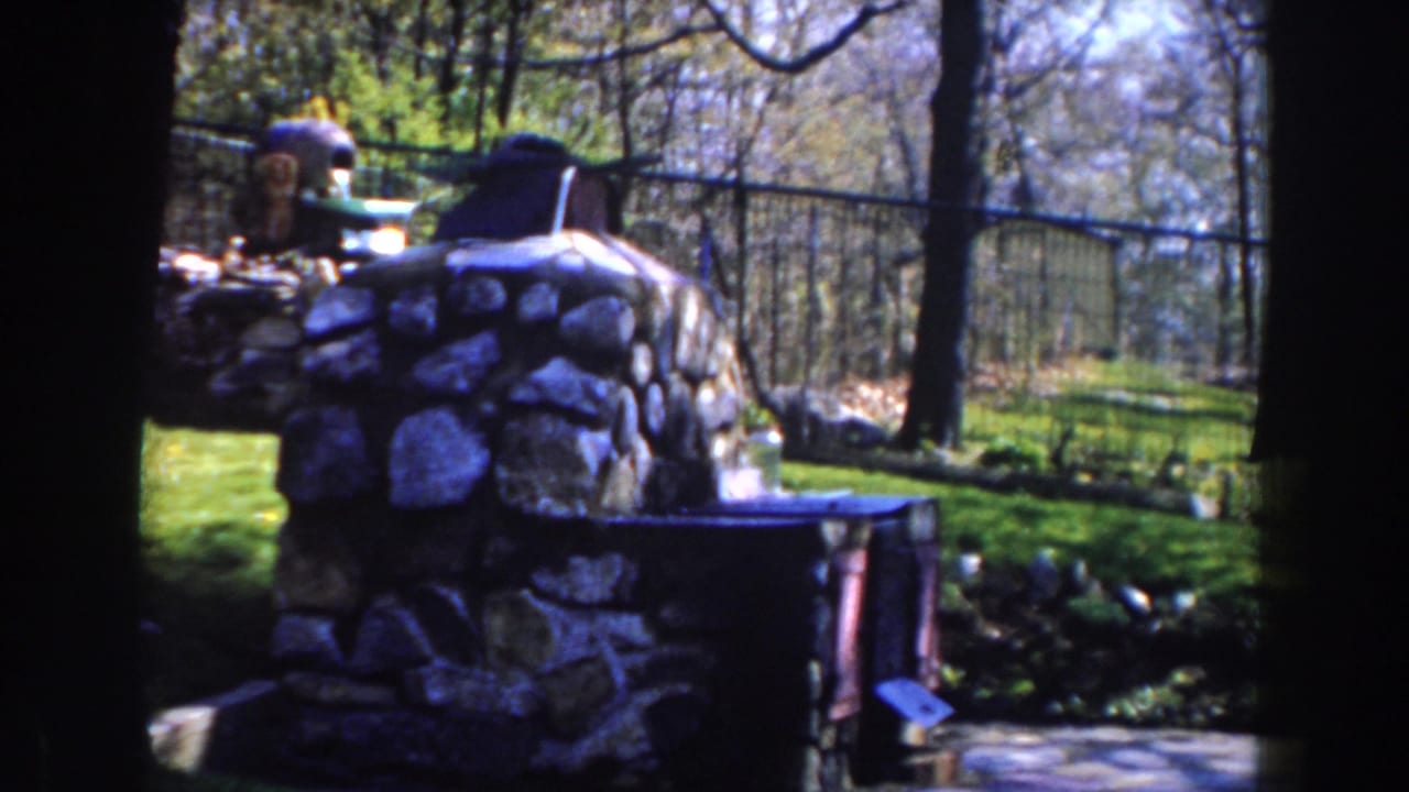 Stone outdoor fireplace in a wooded backyard with grass, trees, and a wire fence.