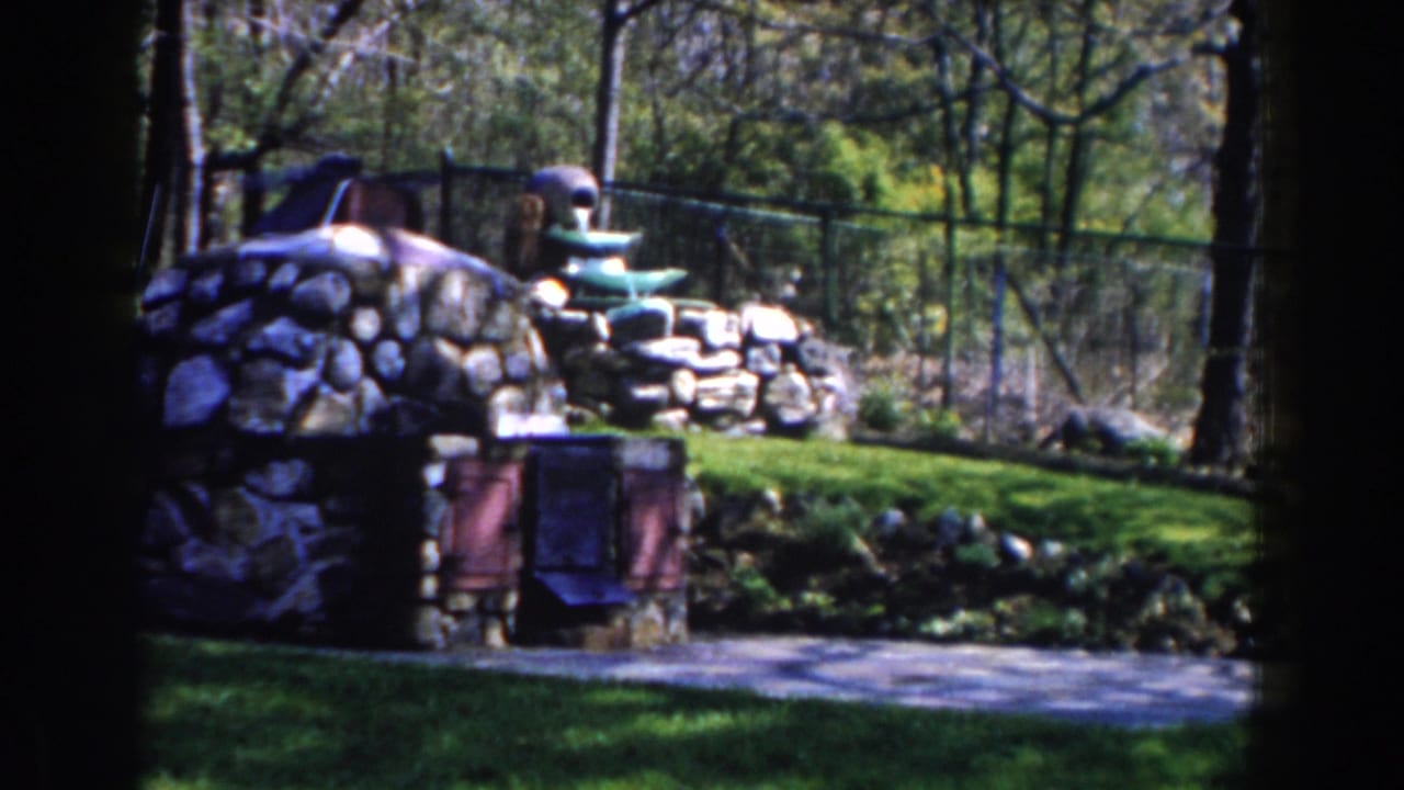 Sunny yard with stonework, paved path, trees, and a red structure in the background.