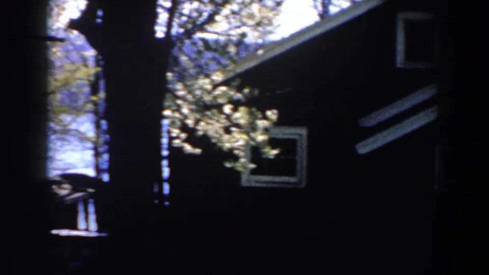 1959 Michigan 8mm frame showing a dark bungalow with small windows under a large shade tree.