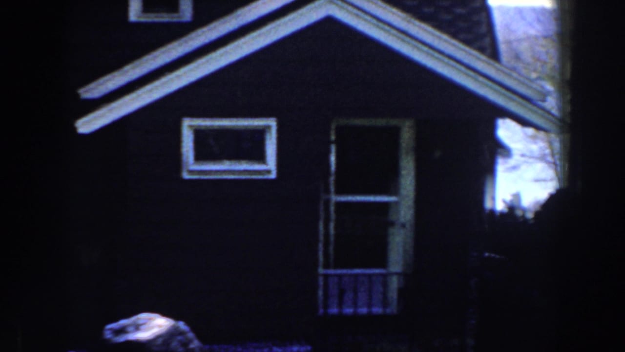 Dark red wooden house facade with porch windows and shrubs in shadow.