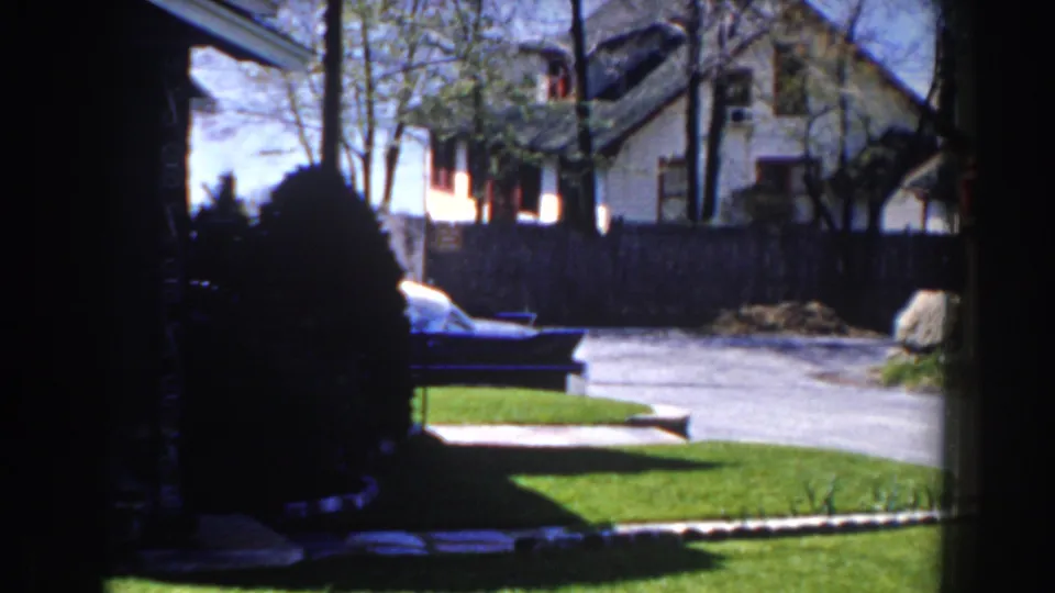 Sunlit suburban front yard with green grass, a driveway, fence, neighboring house, trees, and a partially visible parked car.