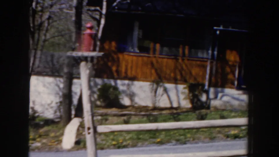 1959 Michigan residential exterior with a red fire hydrant, white fence rails, lawn, trees, and a house across the road.
