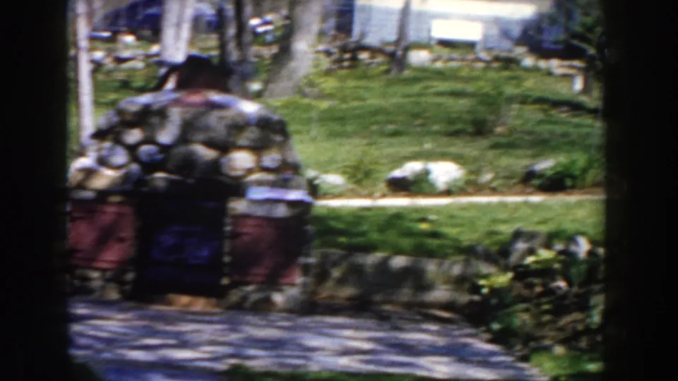 1959 Michigan suburban yard showing a stone mailbox or small structure, patio paving, lawn, trees, road, and houses beyond.