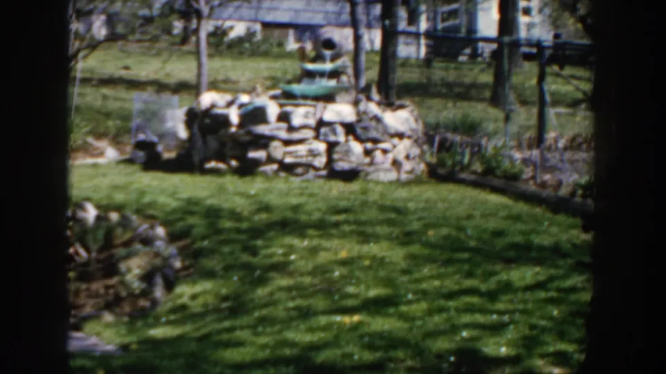 1959 Michigan suburban backyard frame with a sunlit lawn, tiered fountain, stone wall, trees and a background house.