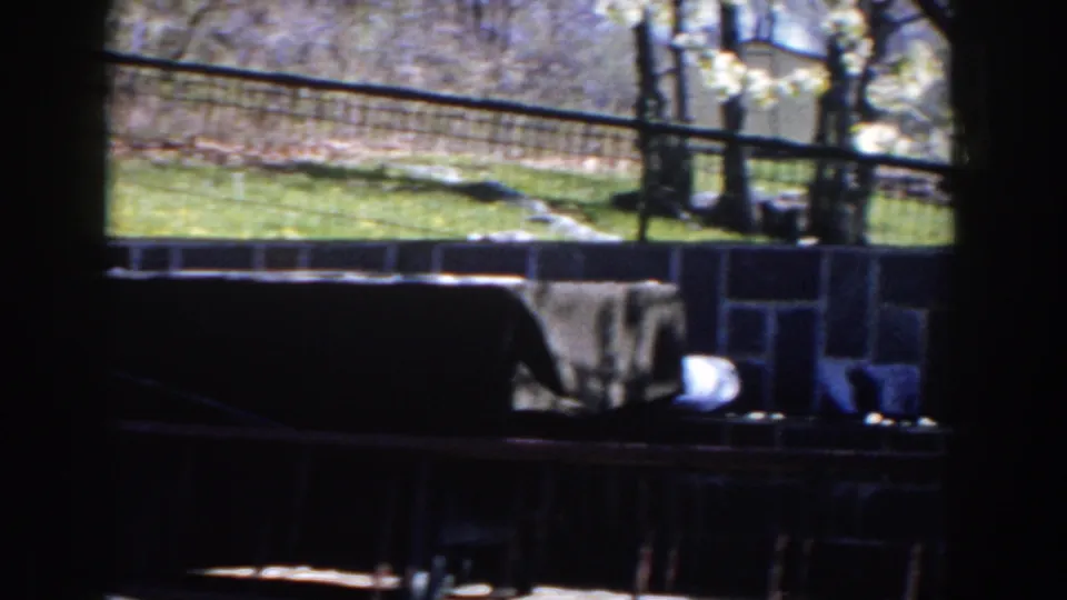 1959 Michigan home-movie frame looking from a shaded foreground toward a yard, fence, tree, masonry, and house exterior.
