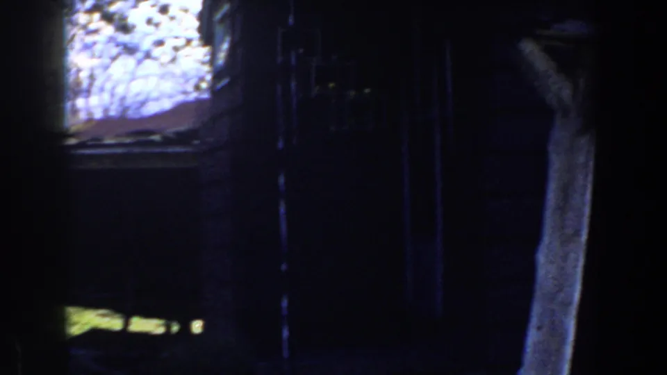 1959 Michigan home-movie frame showing a shadowed stone or block structure with railings, walkway, and bright trees beyond.