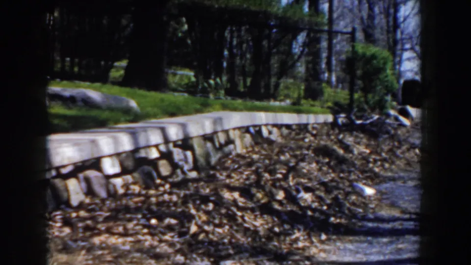 Handheld 8mm view of a Michigan yard with a stone retaining wall, leaf-covered ground, grass, and trees.